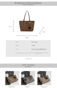 Detail view of large houndstooth canvas tote bag with dimensions and color variations