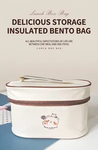 Detail of insulated lunch bag with cartoon bear print and durable handle