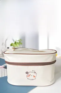 Detail of insulated lunch bag with cartoon bear print and durable handle