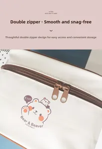 Close-up of double zipper detail on an insulated beige lunch bag with bear print