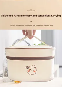 Detail of the reinforced wide carry handle on a cream thermal bag with cute cartoon prints
