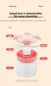 Exploded view of a multi-layer pink lunch box with sauce container and cutlery