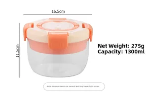 Detailed view of 1300ml plastic lunch box with airtight lids and handle dimensions