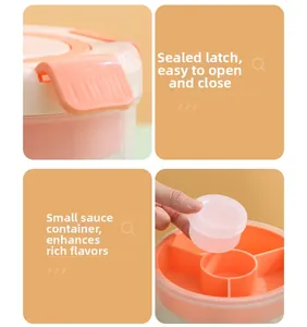 Detail of bento box with secure sealing buckles and a separate small sauce container