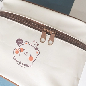Portable insulated lunch bag with cute bear and beaver prints and durable dual zippers