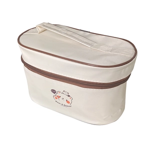 Portable cream insulated lunch bag with cute bear pattern and top handle for picnic