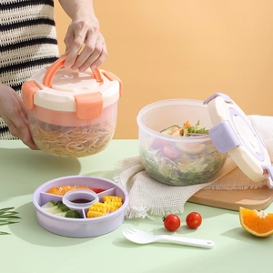 Boîte à Déjeuner Ronde en Plastique Portable Avec Poignée Compatible Micro-ondes Compartiment Bento Pour Salade Fruits Bureau