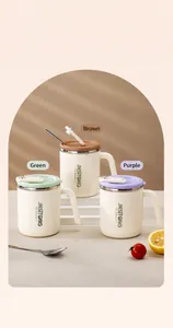 Close-up of insulated 304 stainless steel mugs with handles and lids in various colors