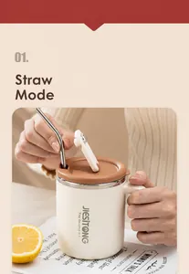 Detail of insulated cream stainless steel mug featuring the three-way drinking lid with straw