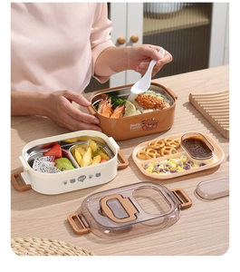 Détail de la boîte à déjeuner double couche en inox avec motif ours et poignée