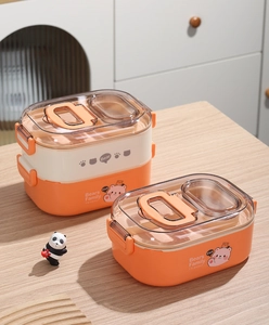 Détail de la boîte à lunch portable à double couche avec poignée et motif d'ours