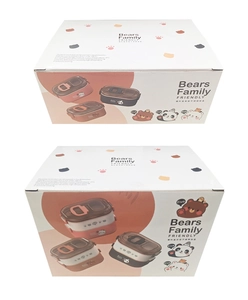 Détail de l'emballage en carton blanc pour boîtes à lunch en inox avec dessins d'ours