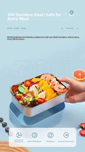 Detailed view of dual-layer blue lunch box with 304 food-grade stainless steel interior