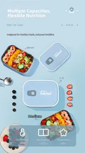 Detailed view of blue stainless steel bento boxes in three sizes with airtight lids