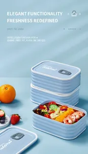 Close-up of blue stainless steel bento box with silicone vent and airtight seal lid