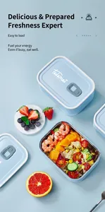 Detail of light blue lunch box with stainless steel tray and sealing air valve