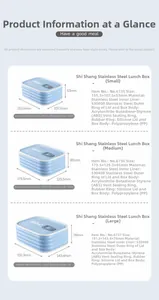 Size guide for stainless steel lunch boxes showing dimensions and volume for three sizes