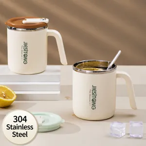 Insulated 304 stainless steel coffee mug with handle, straw and lid in cream white