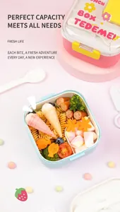 Detail of partitioned 304 stainless steel lunch box with blue and pink cartoon design