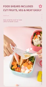 Detailed view of stainless steel food scissors cutting macaroni in a baby meal box