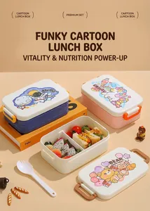 Detail of multi-compartment cartoon lunch box with astronaut and unicorn patterns and fork