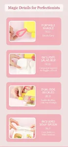 Pink cartoon baby food box with portable handle, inner salad box, and built-in spoon detail