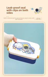Detail of cartoon bento box showing secure yellow buckles and leakproof silicone seal