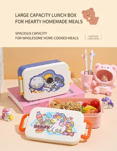 Detail of double-layer bento box with cartoon prints and secure side buckles