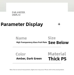 Detail showing amber and dark green color options and PS material for candy fruit tray