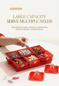 Detail of red acrylic 6-compartment snack tray with gold double happiness character