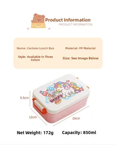 Pink cartoon bento box specifications showing 850ml capacity and PP material dimensions