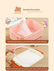 Detail of multi-compartment lunch box with leak-proof silicone seal and unicorn pattern