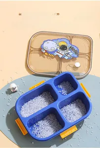 Three-compartment blue lunch box featuring space illustrations and food-grade PP material