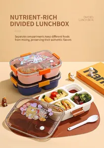 Detail view of 4-compartment lunch box with leak-proof lids and cartoon patterns