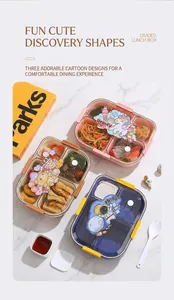 Detailed view of 4-compartment cartoon lunch boxes with leakproof lids and spoons