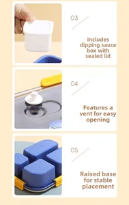 Detail view of the leak-proof sauce container and anti-slip base of the bento box