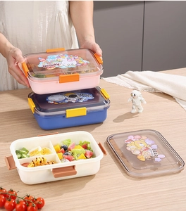 Three-grid plastic lunch box with cartoon prints and four-sided secure locking lid
