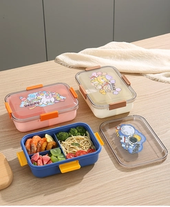 Three-compartment bento box with leak-proof clips and cute cartoon unicorn patterns