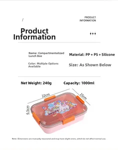 Pink 4-compartment lunch box specifications with 1000ml capacity and PP silicone materials