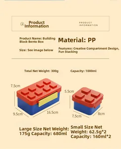 Maattabel voor stapelbare lunchtrommels met 1000ml capaciteit en PP-materiaal specificaties