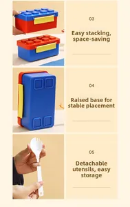 Detail van stapelbare bouwsteen lunchbox met stabiele basis en draagbare bestekset