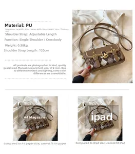 Detailed size comparison of the plaid PU leather satchel bag next to an iPad and A4 paper
