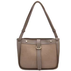 Vintage taupe leather shoulder bag with vertical straps and gold ring hardware