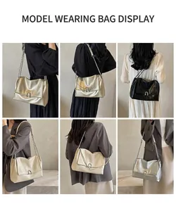 Collage of fashion crossbody bags with chain straps in gold, black, silver, and cream colors