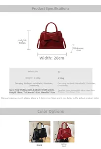 Detailed view showing bow decor, dimensions, and burgundy and black PU leather bags
