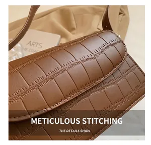 Detailed view of crocodile embossed leather texture on a vintage brown shoulder bag