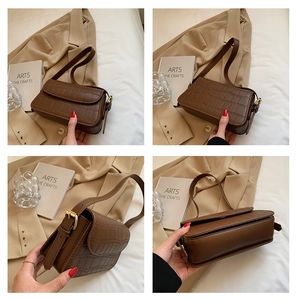Detailed four-way view showing brown crocodile pattern handbag with golden metal hardware