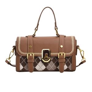 Brown vintage plaid crossbody handbag with gold buckle and classic satchel design