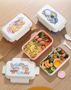 Detail of multi-layer cartoon lunch box with internal compartments and cute bear patterns