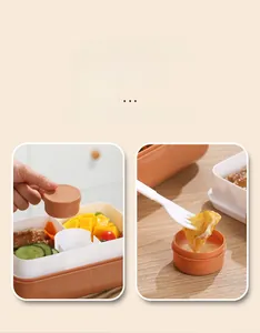 Detail of the separate sauce container and multi-layer lunch box with divided inner tray